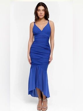 Popilush Shapewear Dress Royal Blue Ruched V‑Neck Maxi Dress NWT Small